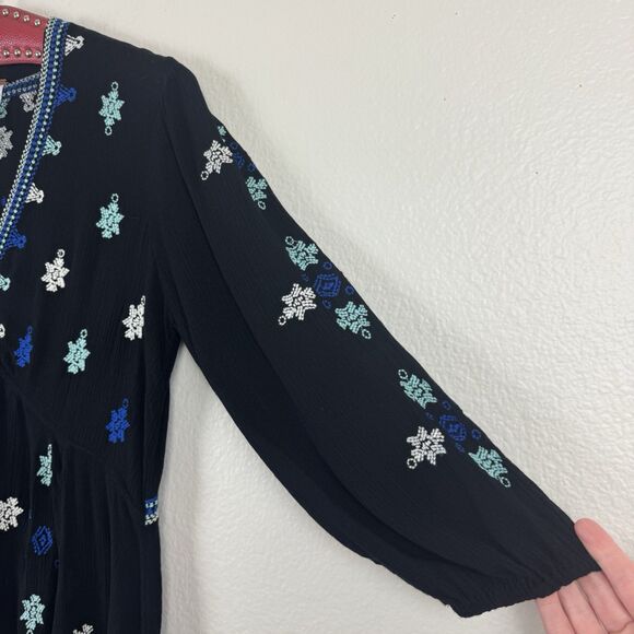 Free People Boho Star Gazer Peasant Babydoll Mini Tunic Dress Black Blue Small - Picture 9 of 16